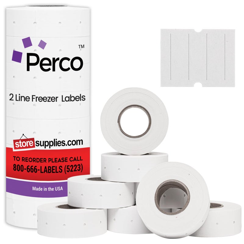 Perco 2 Line Freezer Adhesive Labels - 8 Rolls, 1 Sleeve, 6,000 Blank Price and Date Gun Labels for Perco 2 Line Price and Date Guns - Made in USA - Image 1